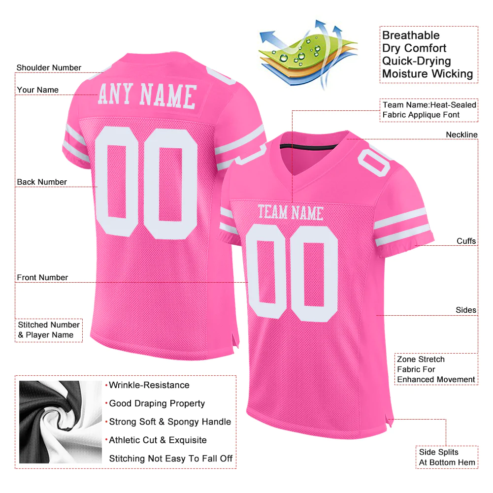 Custom Pink White Mesh Authentic Football Jersey - Image 2