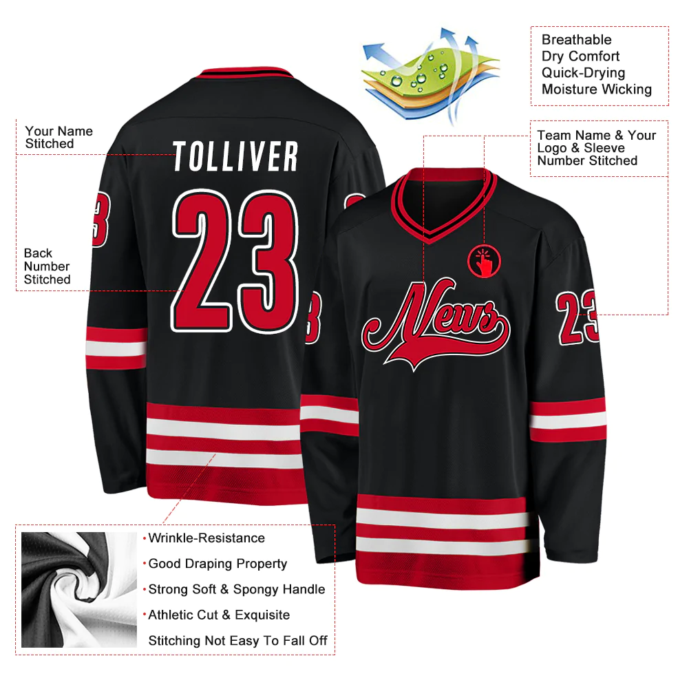 Custom Black Red-White Hockey Jersey - Image 2