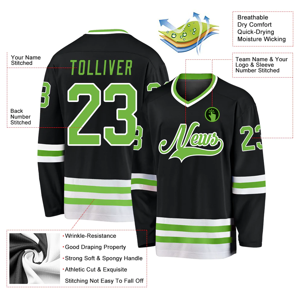 Custom Black Neon Green-White Hockey Jersey - Image 2