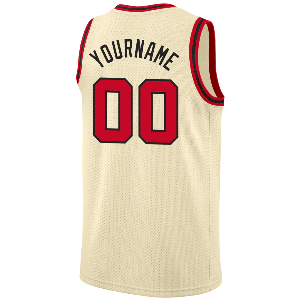 Custom Cream Red-Black Round Neck Rib-Knit Basketball Jersey - Image 3