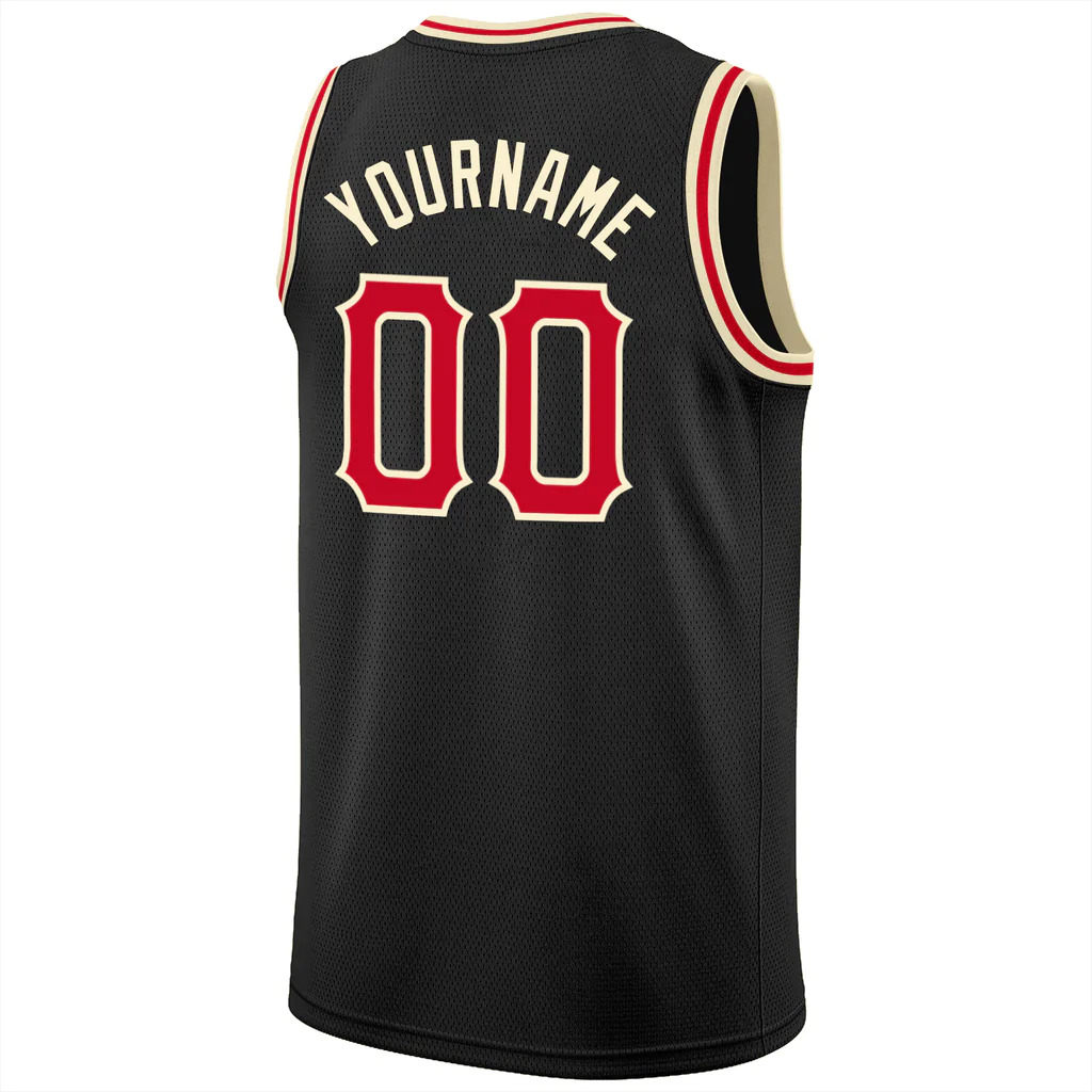 Custom Black Red-Cream Round Neck Rib-Knit Basketball Jersey - Image 3