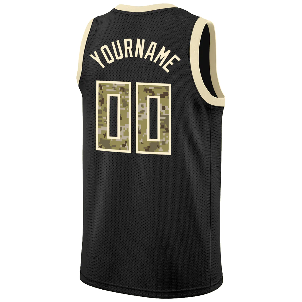 Custom Black Camo-Cream Round Neck Rib-Knit Basketball Jersey - Image 3