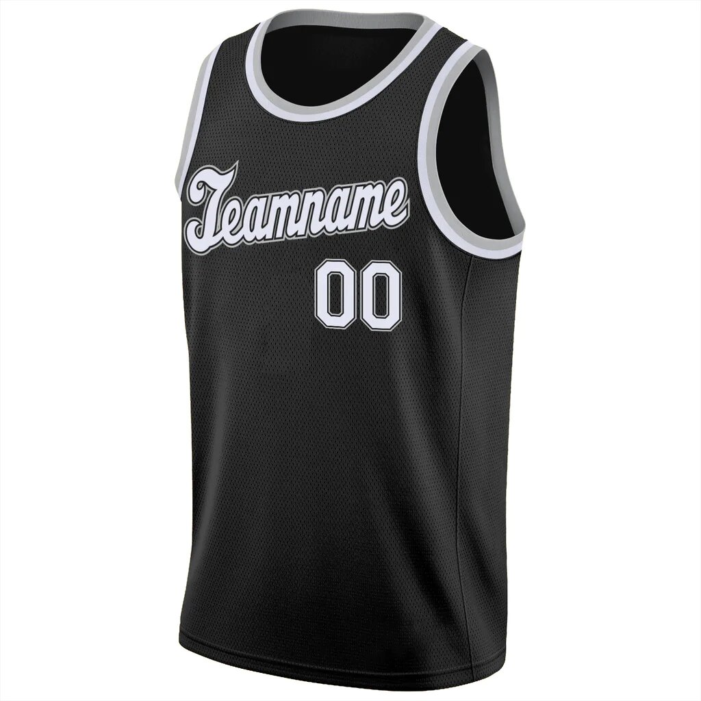 Custom Black White-Silver Gray Round Neck Rib-Knit Basketball Jersey - Image 3