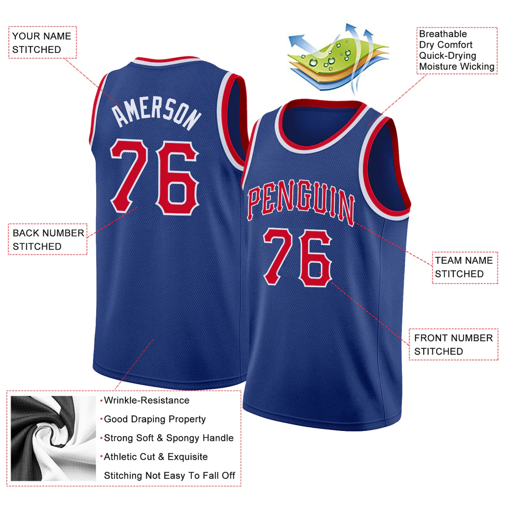 Custom Royal Red-White Round Neck Rib-Knit Basketball Jersey - Image 4