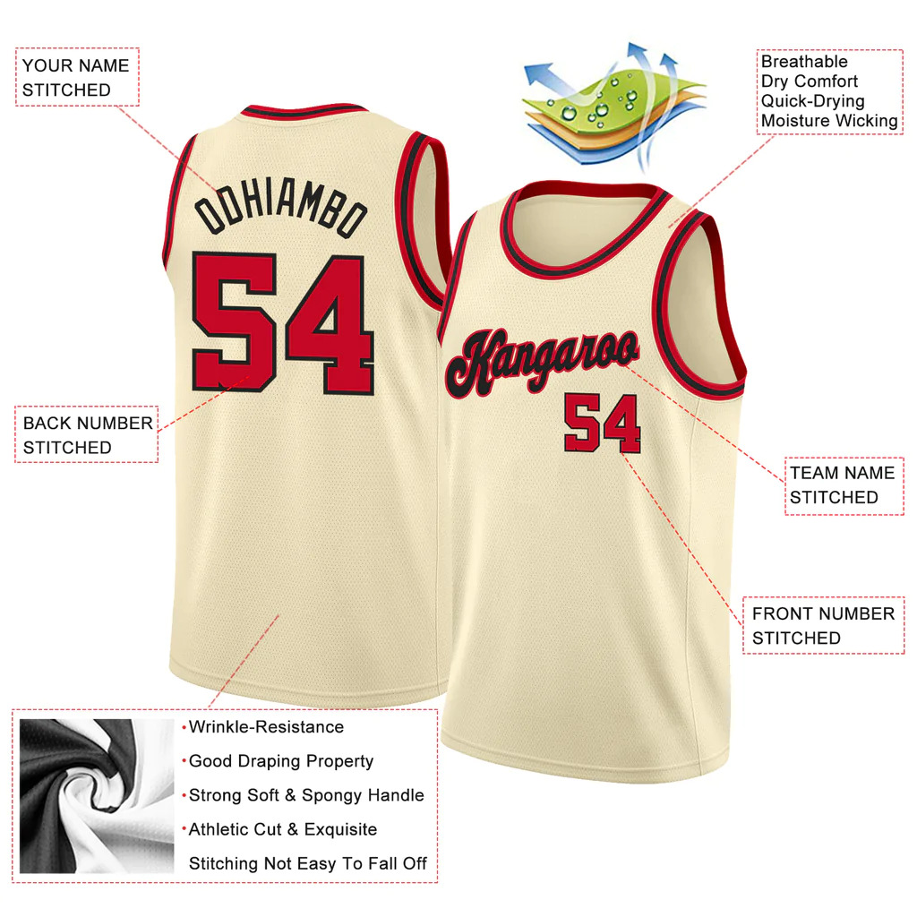 Custom Cream Red-Black Round Neck Rib-Knit Basketball Jersey - Image 4