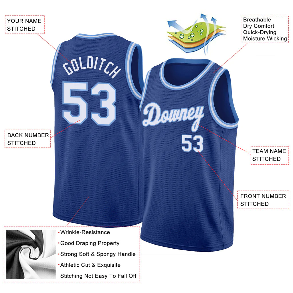 Custom Royal White-Light Blue Round Neck Rib-Knit Basketball Jersey - Image 4