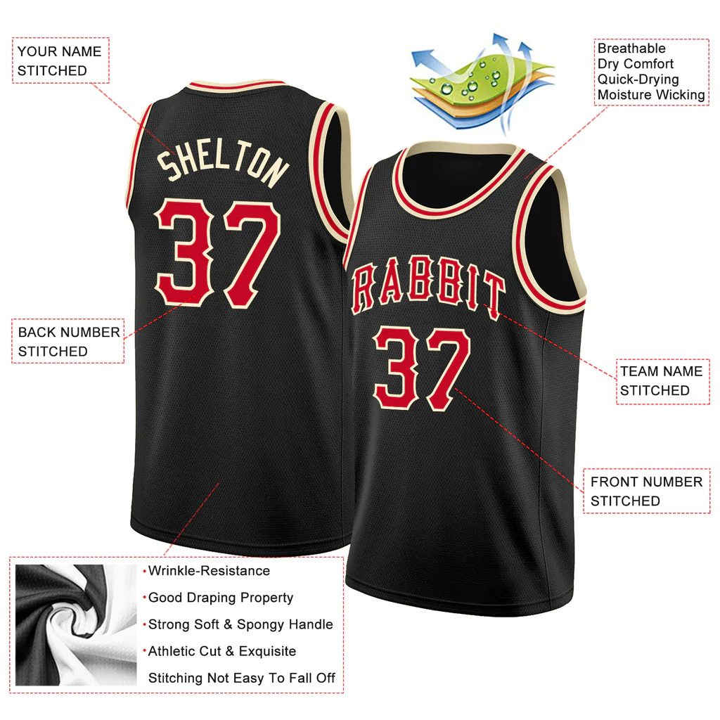 Custom Black Red-Cream Round Neck Rib-Knit Basketball Jersey - Image 4