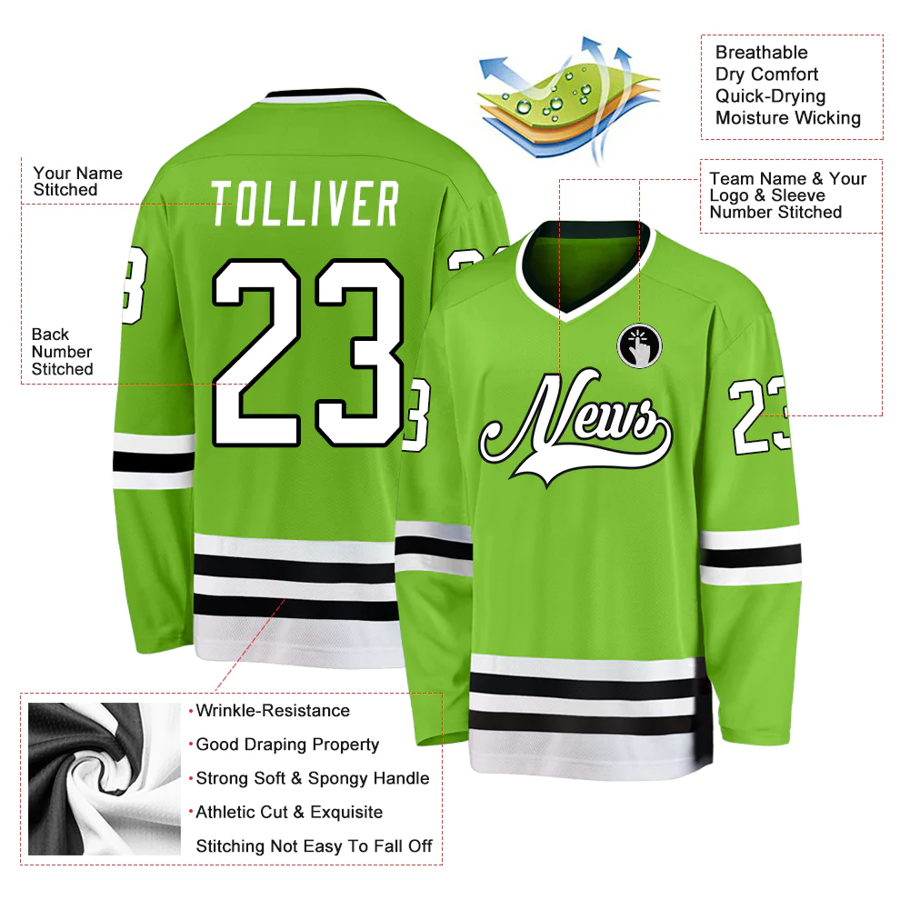 Custom Neon Green White-Black Hockey Jersey - Image 4