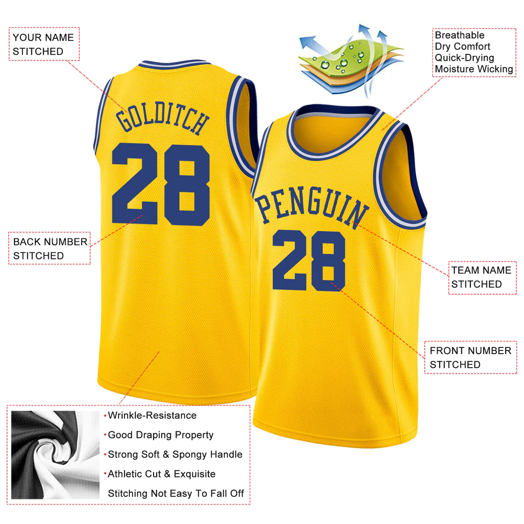 Custom Gold Royal-White Round Neck Rib-Knit Basketball Jersey - Image 4