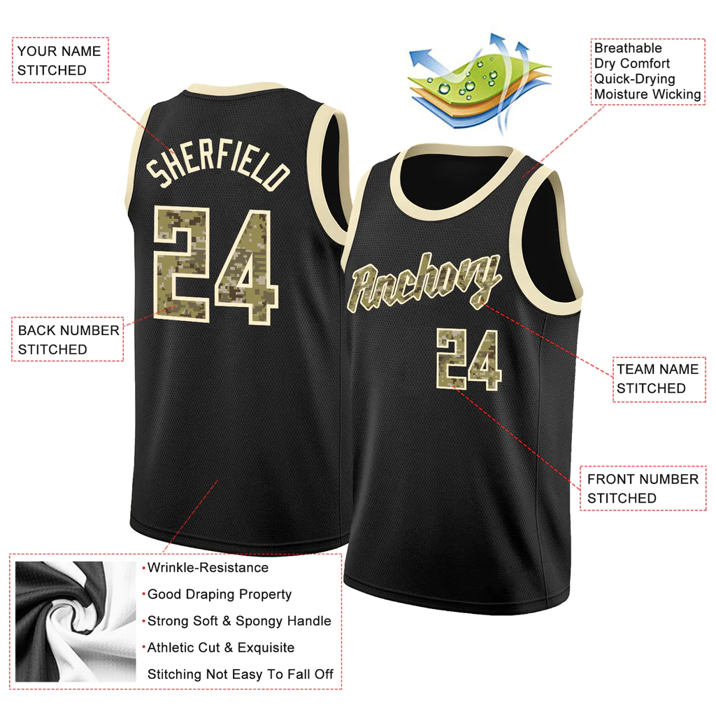 Custom Black Camo-Cream Round Neck Rib-Knit Basketball Jersey - Image 4