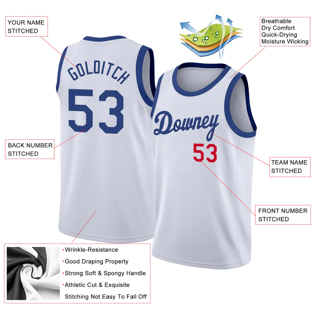 Custom White Royal-Red Round Neck Rib-Knit Basketball Jersey - Image 4