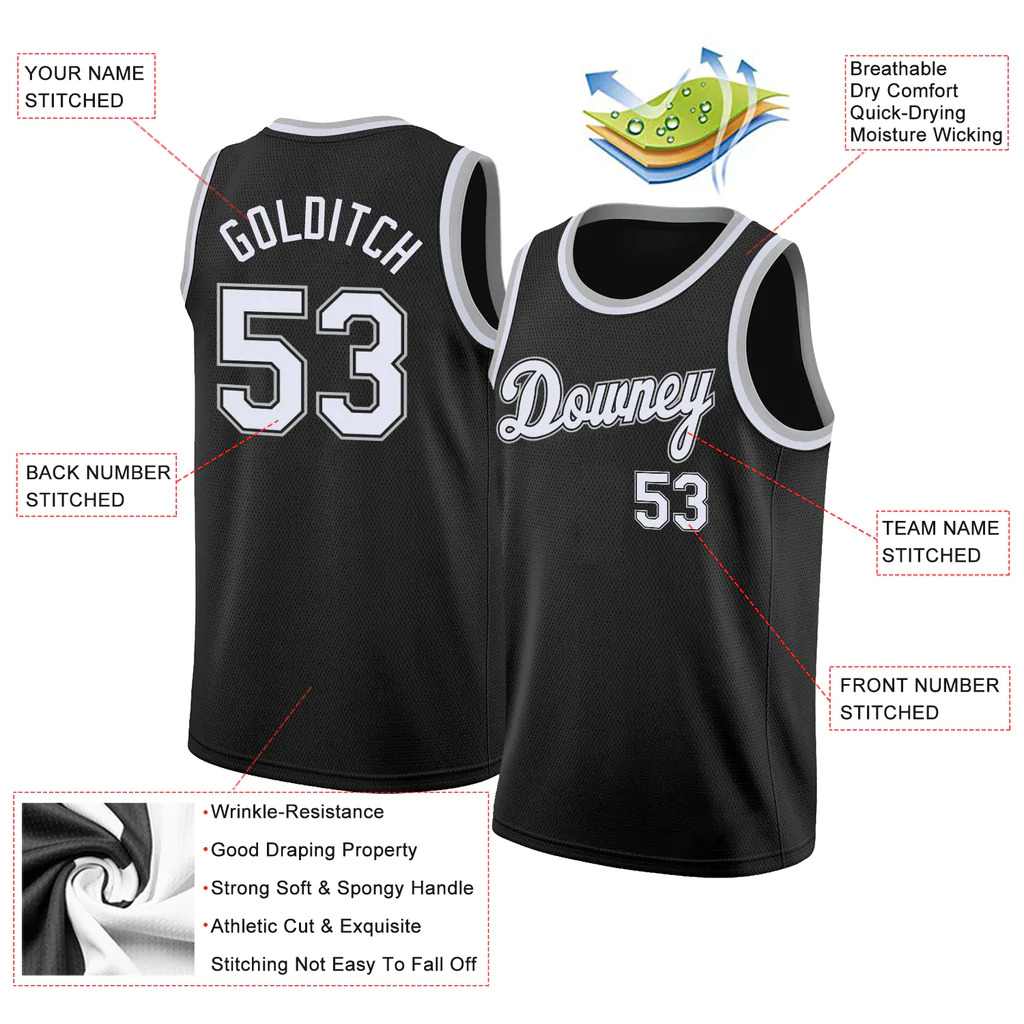 Custom Black White-Silver Gray Round Neck Rib-Knit Basketball Jersey - Image 4
