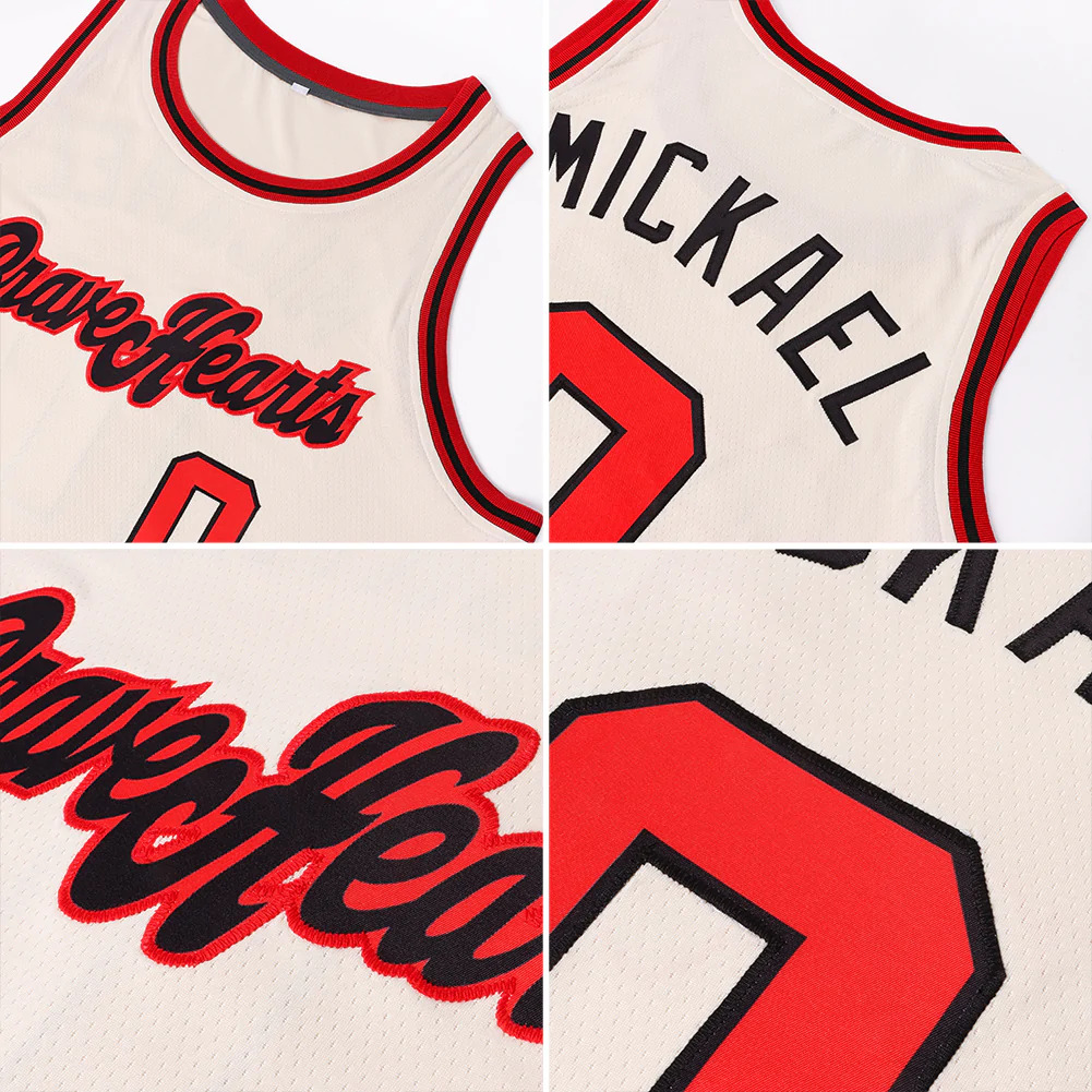 Custom Cream Red-Black Round Neck Rib-Knit Basketball Jersey - Image 5