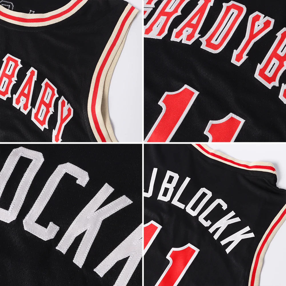 Custom Black Red-Cream Round Neck Rib-Knit Basketball Jersey - Image 7