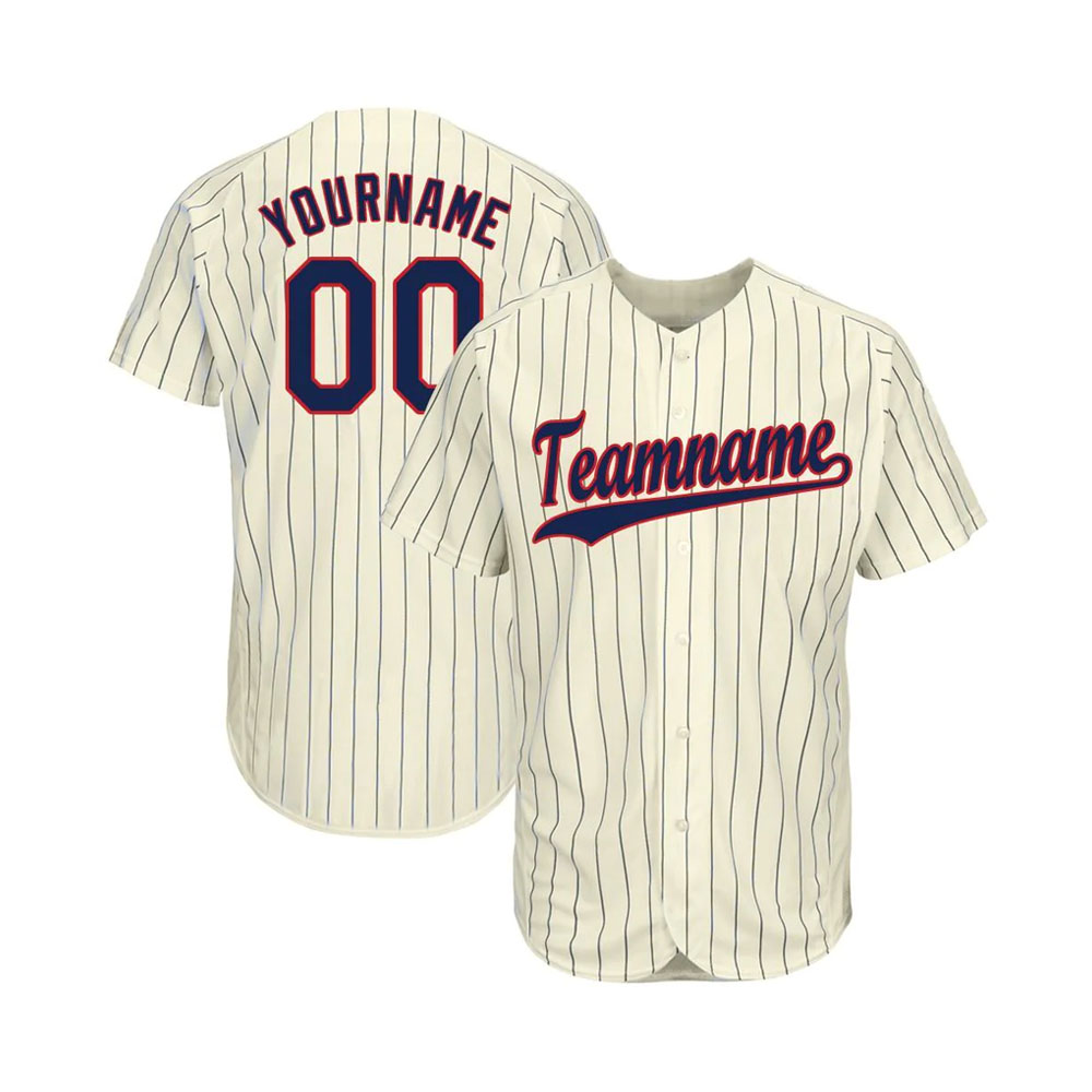 Custom Cream Navy Pinstripe Navy-Red Baseball Jersey