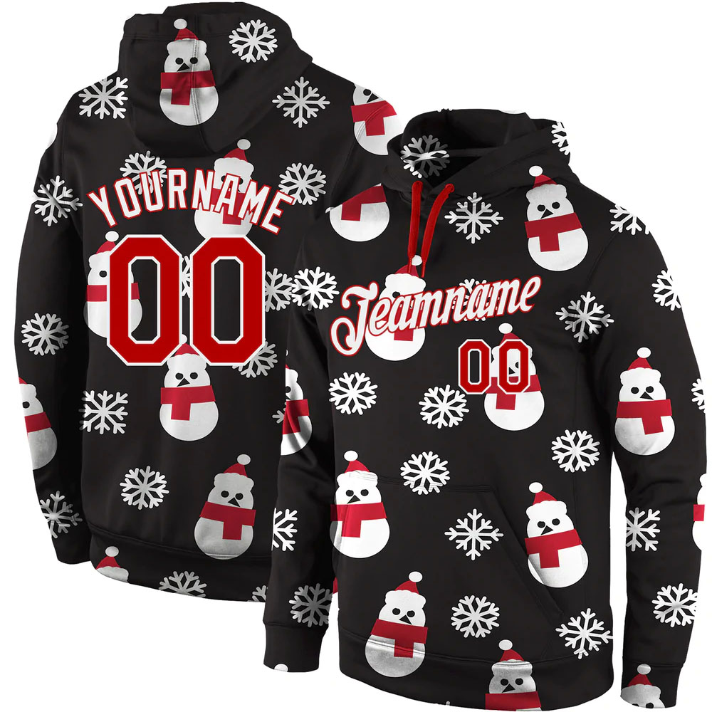 Custom Stitched Black Red-White Christmas 3D Sports Pullover Sweatshirt Hoodie