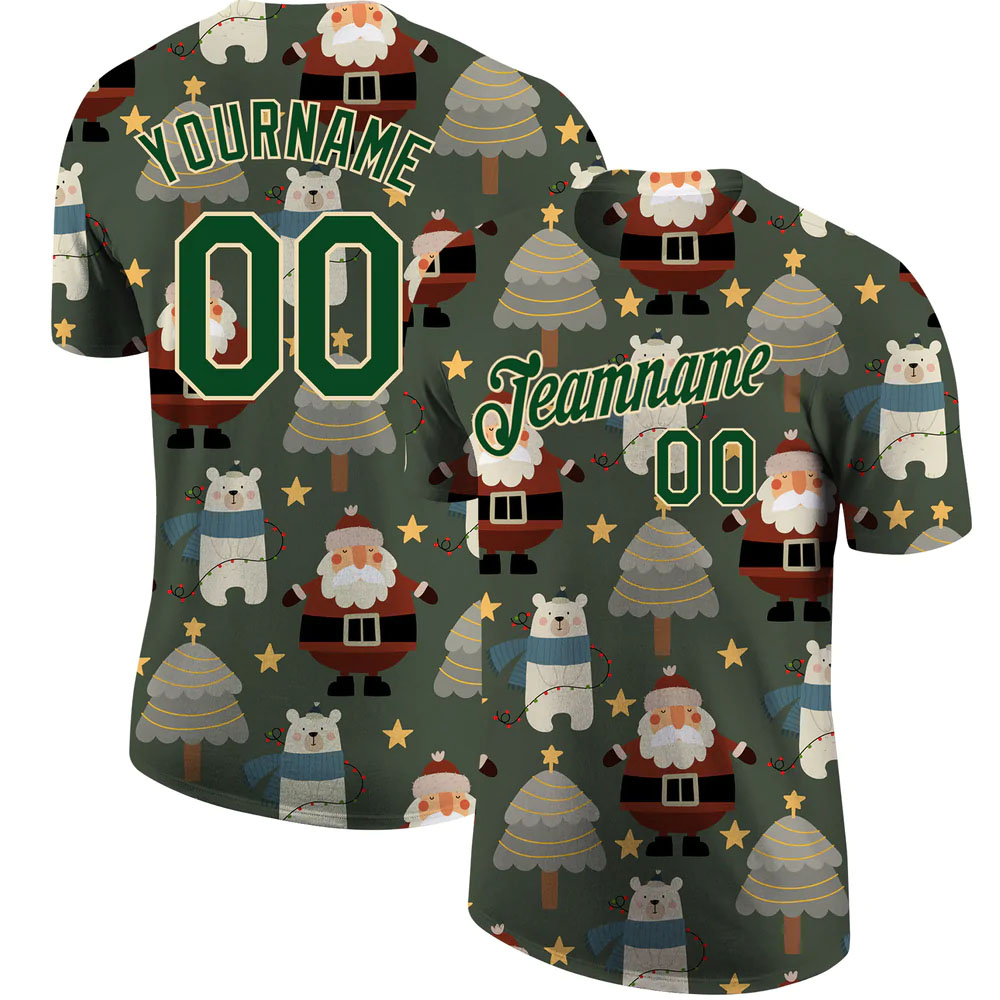 Custom Green Green-Cream Christmas 3D Performance T-Shirt