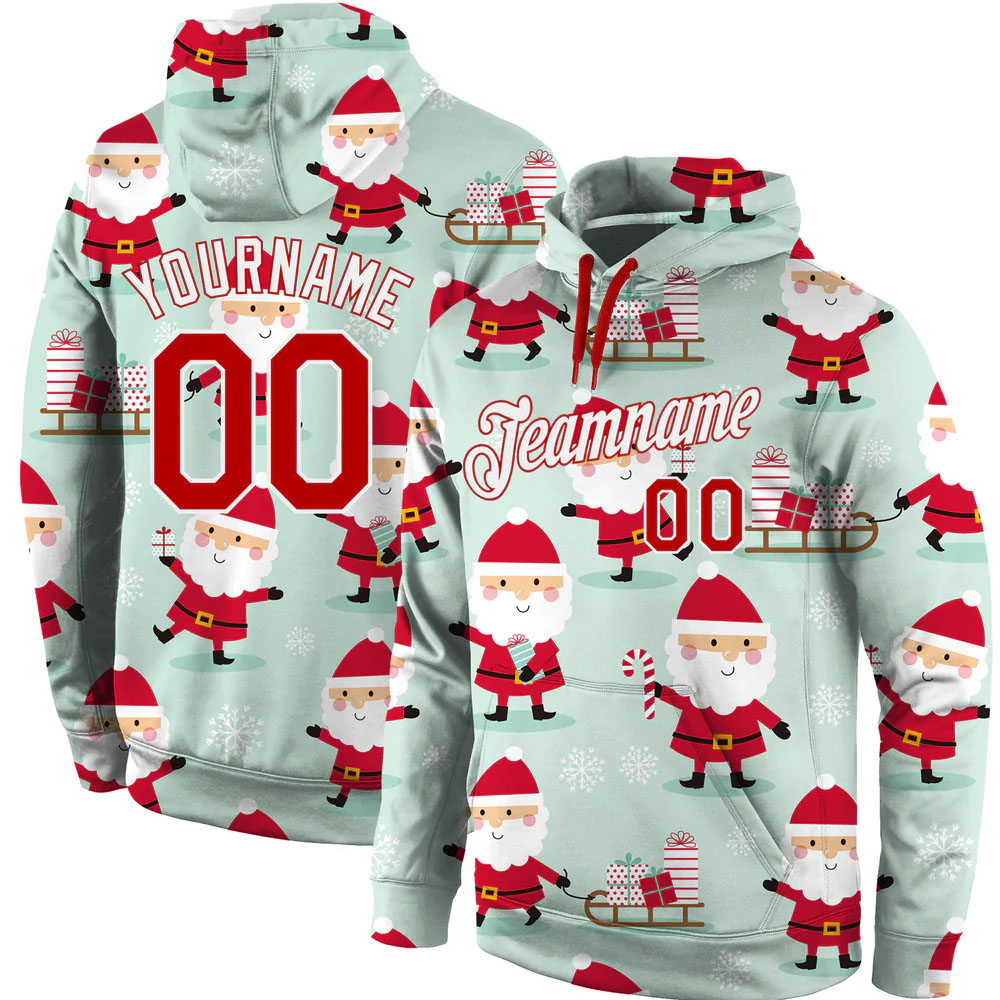 Custom Stitched Green Red-White Christmas 3D Sports Pullover Sweatshirt Hoodie