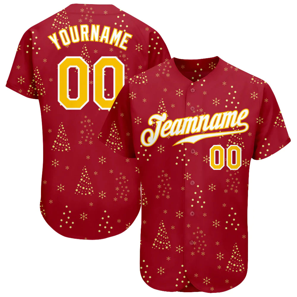 Custom Red Gold-White Christmas 3D Authentic Baseball Jersey